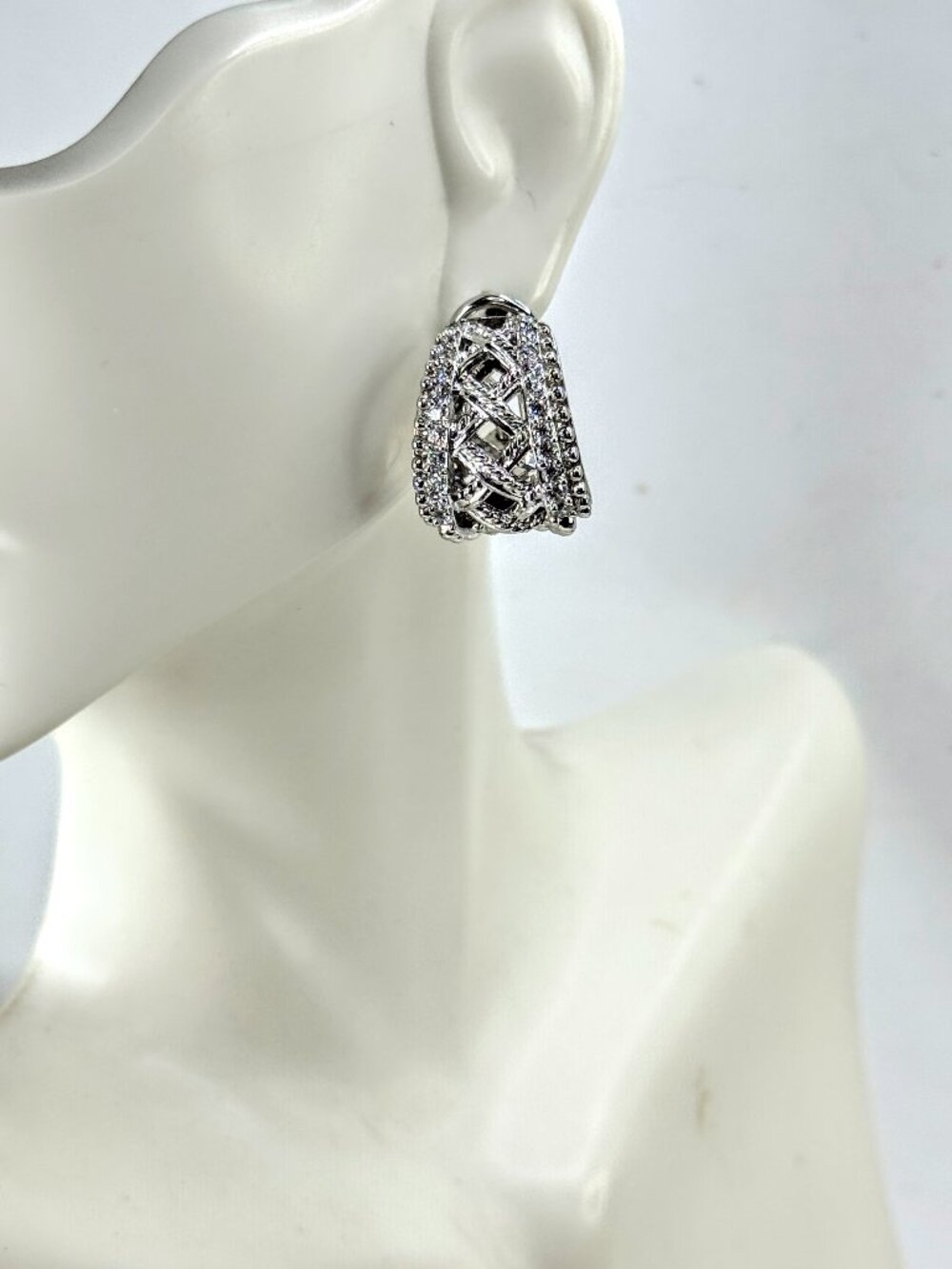 Vintage Judith Ripka Sterling Silver Pave CZ Wide Hoop Earrings JR1698